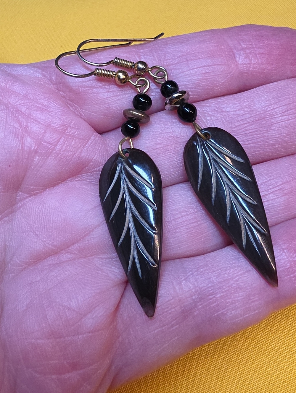 Vintage African Batik Style Leaf Earrings w/French Hooks- Upcycled Bone or Horn